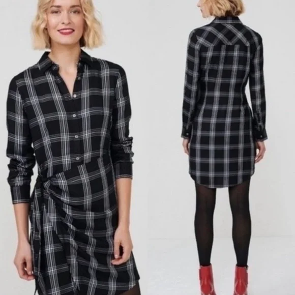 Untuckit dress Tessa Shirt Dress Plaid Black White Belted Button Front Size 8 - Picture 2 of 7